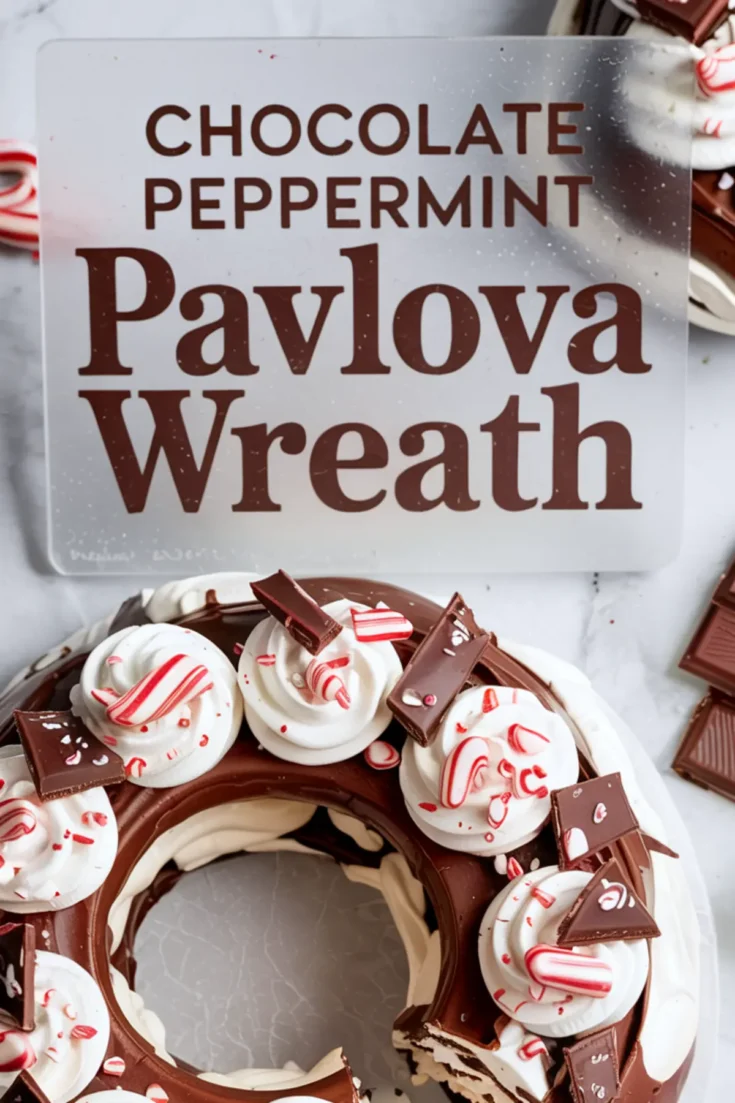 Overhead shot of a chocolate peppermint pavlova wreath decorated with piped whipped cream, peppermint candy pieces, and chocolate shards beside a text card that reads “Chocolate Peppermint Pavlova Wreath.”