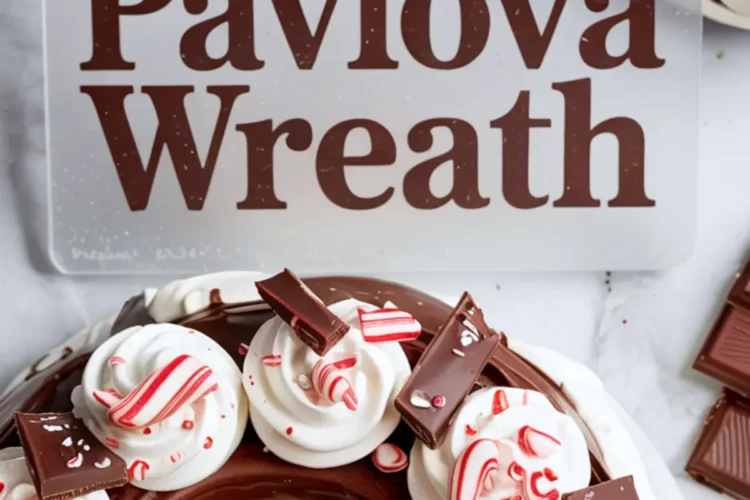 Overhead shot of a chocolate peppermint pavlova wreath decorated with piped whipped cream, peppermint candy pieces, and chocolate shards beside a text card that reads “Chocolate Peppermint Pavlova Wreath.”