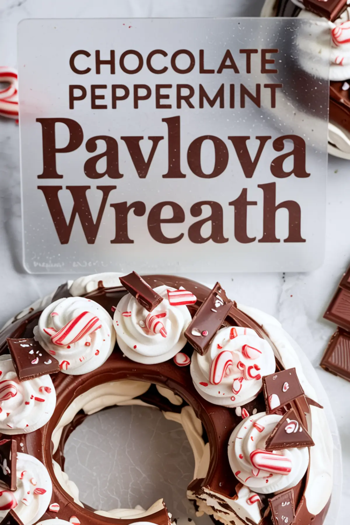 Overhead shot of a chocolate peppermint pavlova wreath decorated with piped whipped cream, peppermint candy pieces, and chocolate shards beside a text card that reads “Chocolate Peppermint Pavlova Wreath.”