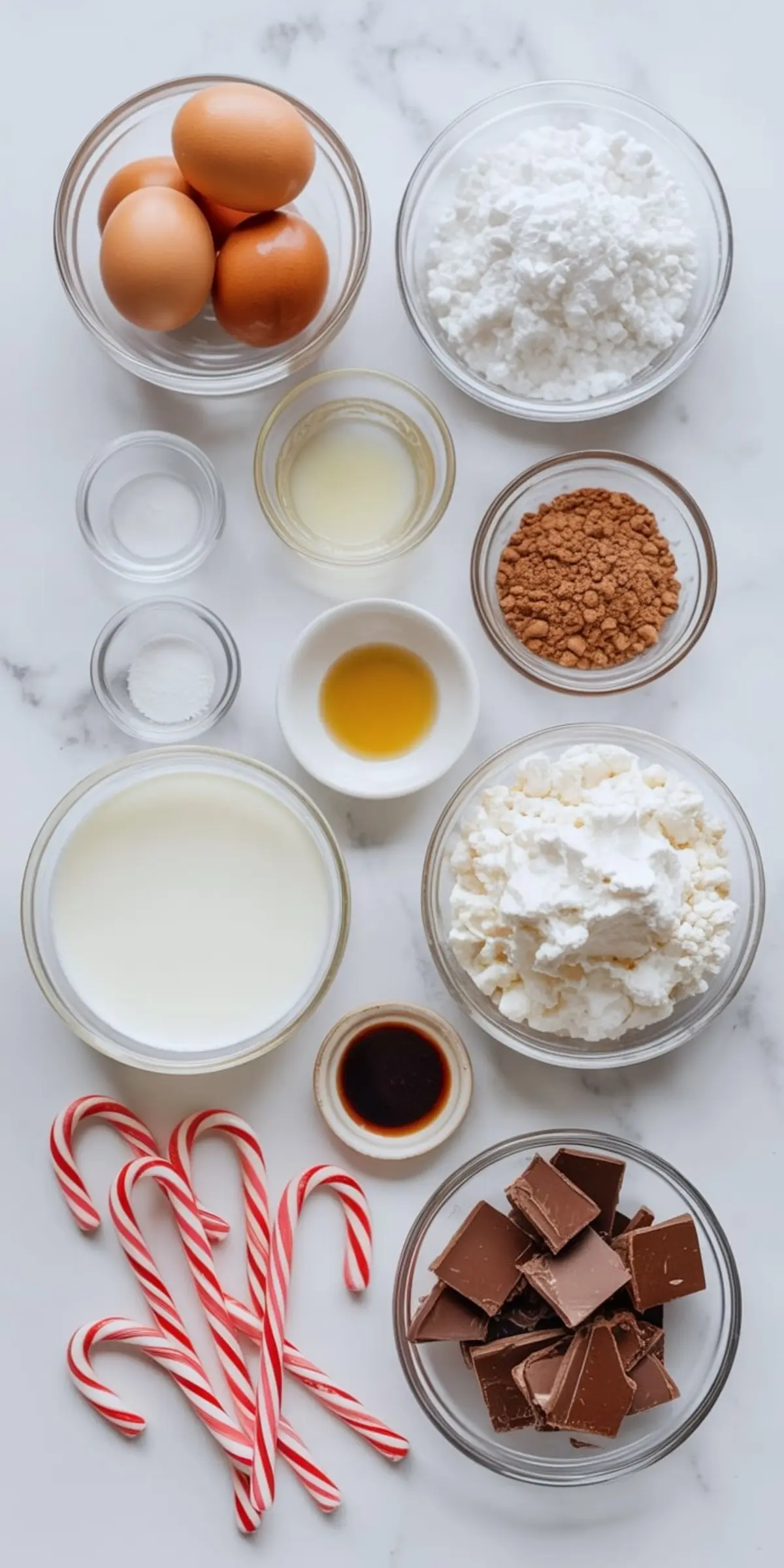 Overhead view of baking ingredients for a chocolate peppermint pavlova wreath, including eggs, milk, cocoa powder, powdered sugar, vanilla, lemon juice, chocolate chunks, whipped cream, and red and white candy canes arranged neatly on a marble surface.