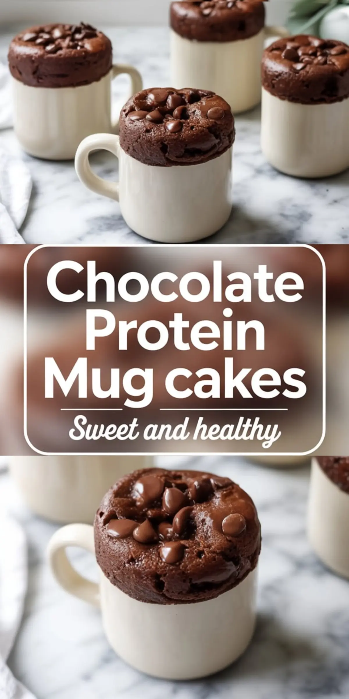 Chocolate protein mug cakes baked in white ceramic mugs, with the tops rising above the rim and studded with melty chocolate chips, paired with a central text overlay reading “Chocolate Protein Mug Cakes – Sweet and Healthy” for a high-protein dessert idea.
