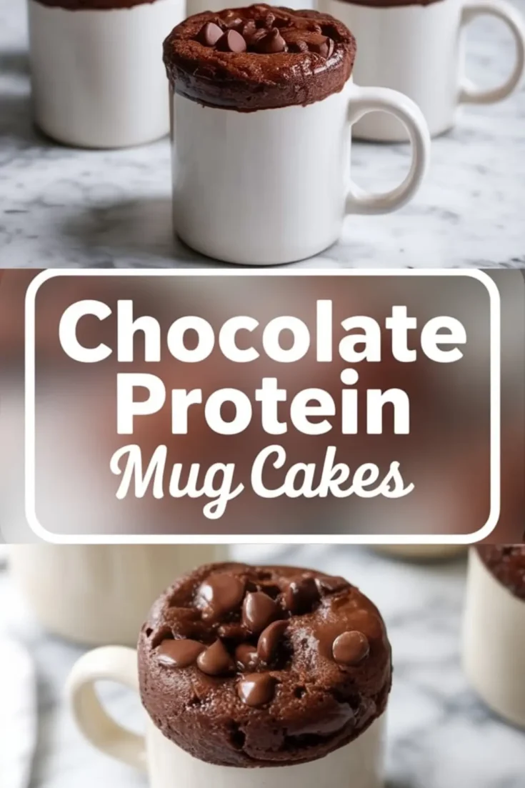 Chocolate protein mug cake shown freshly baked in a white ceramic mug, topped with gooey chocolate chips, centered with a text label “Chocolate Protein Mug Cakes” to highlight this easy microwave dessert recipe.