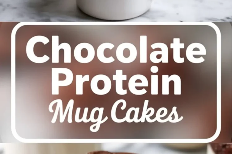 Chocolate protein mug cake shown freshly baked in a white ceramic mug, topped with gooey chocolate chips, centered with a text label “Chocolate Protein Mug Cakes” to highlight this easy microwave dessert recipe.