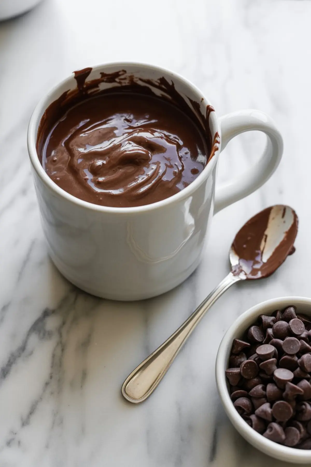 White ceramic mug filled with smooth chocolate cake batter, placed beside a spoon and a bowl of chocolate chips on a marble counter, ready to be microwaved into a protein-rich mug cake.

