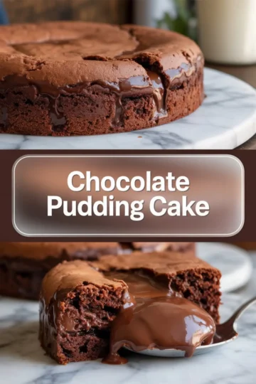 Rich chocolate pudding cake displayed on a marble board with molten chocolate visibly dripping from the sliced section. Bottom image shows a spoon lifting creamy chocolate from the center. Middle panel features “Chocolate Pudding Cake” in a clear text overlay.