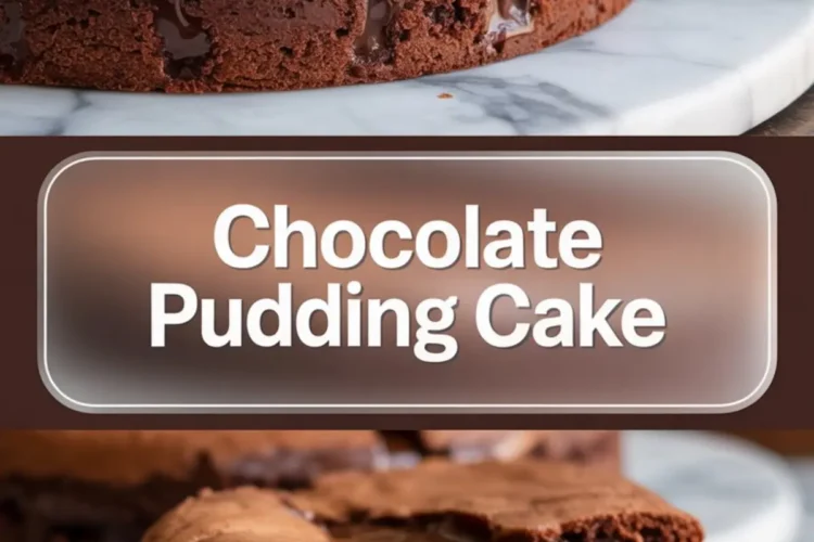 Rich chocolate pudding cake displayed on a marble board with molten chocolate visibly dripping from the sliced section. Bottom image shows a spoon lifting creamy chocolate from the center. Middle panel features “Chocolate Pudding Cake” in a clear text overlay.