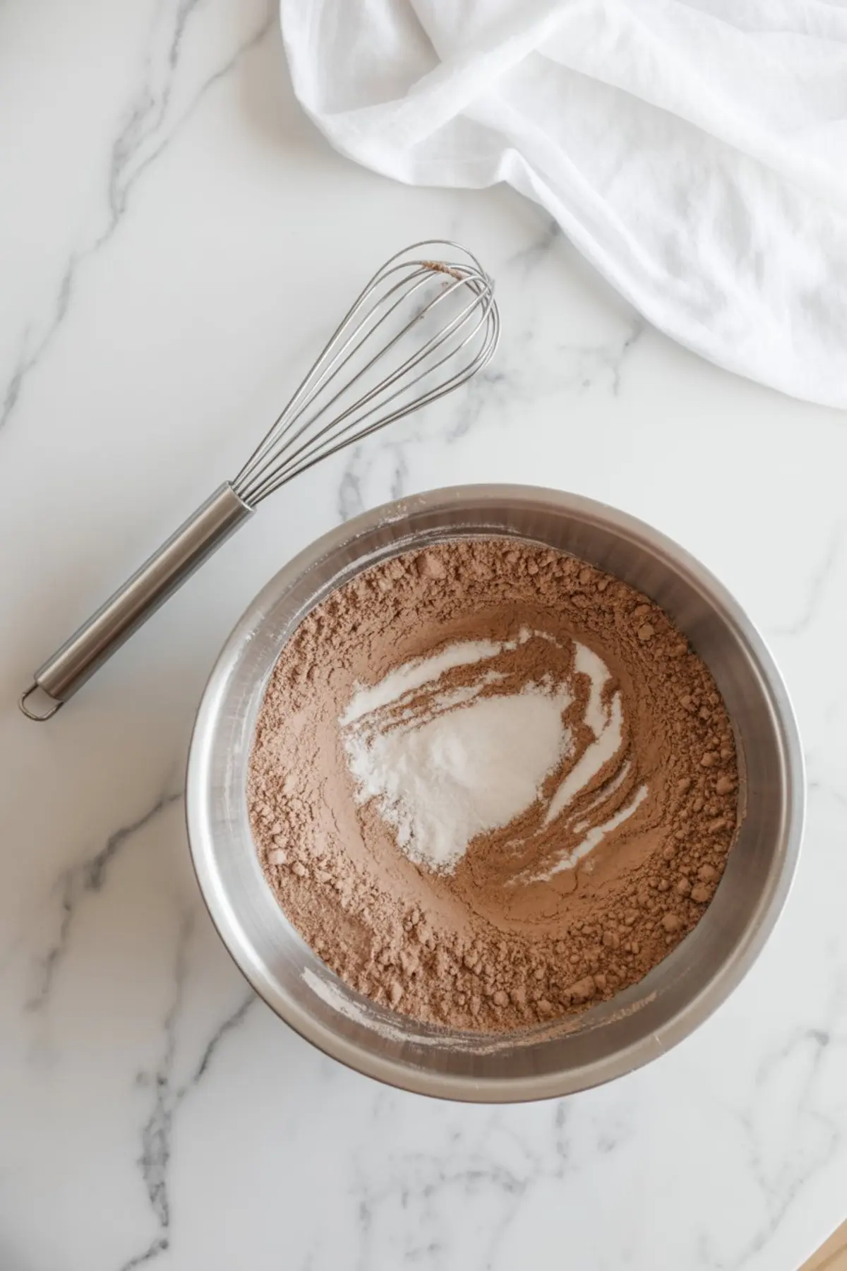 Cocoa powder, flour, baking powder, and sugar in a metal mixing bowl with a stainless steel whisk beside it on white marble, ready for blending.
