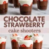 Tall collage of chocolate strawberry cake shooters arranged on a marble surface, each glass filled with chocolate cake base, ganache, sliced strawberries, and whipped topping, with a central banner reading “Chocolate Strawberry Cake Shooters.”