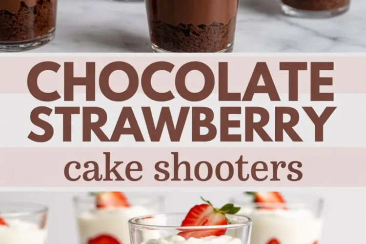 Tall collage of chocolate strawberry cake shooters arranged on a marble surface, each glass filled with chocolate cake base, ganache, sliced strawberries, and whipped topping, with a central banner reading “Chocolate Strawberry Cake Shooters.”