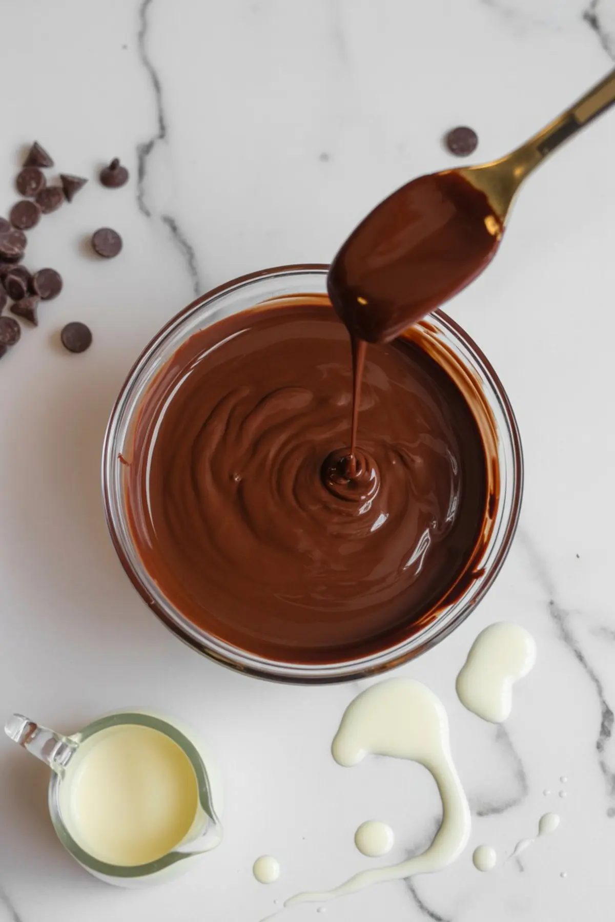 Melted chocolate ganache in a glass bowl with a spoon dripping chocolate, surrounded by chocolate chips and sweetened condensed milk on a marble background.
