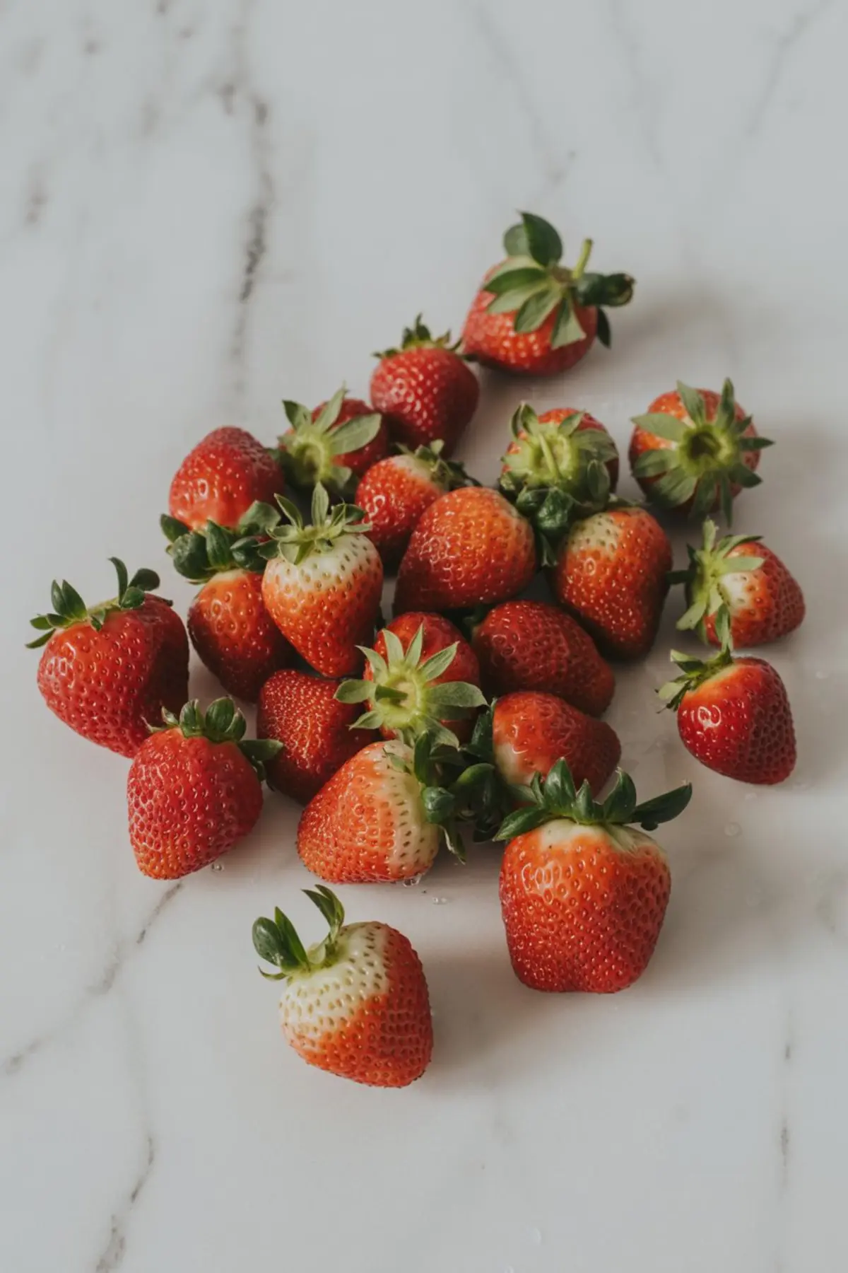 Fresh whole strawberries with green tops scattered across a marble countertop, showcasing bright red color and natural texture for dessert prep.
