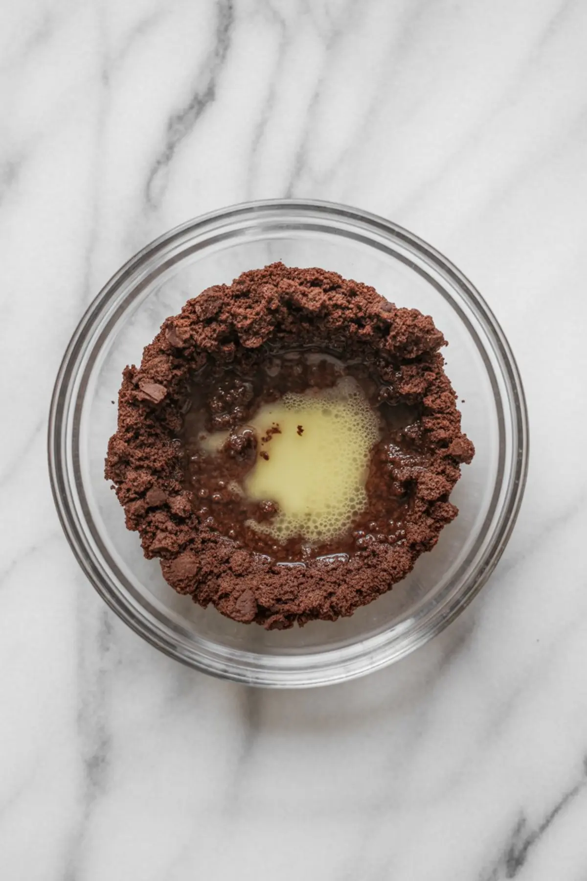 Chocolate cookie crumbs mixed with melted butter in a glass bowl, forming the base for no-bake dessert shooters, on a white marble surface.
