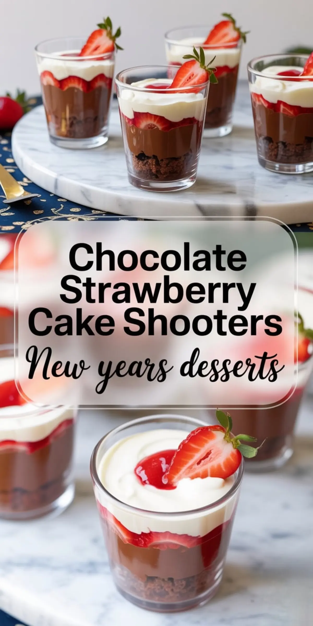 Vertical collage of chocolate strawberry cake shooters arranged on a marble cake stand with a blue festive napkin, each cup filled with chocolate base, strawberry slices, creamy cheesecake layer, and a halved strawberry on top, with New Year’s dessert text overlay.
