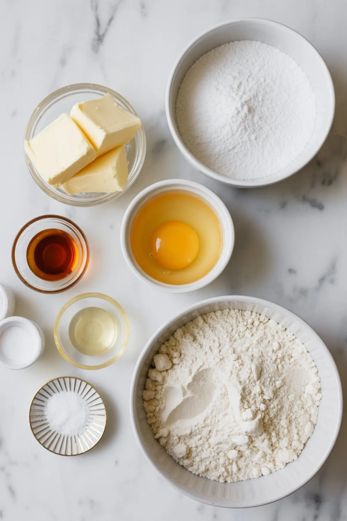 Flat lay of baking ingredients in small bowls on a marble counter, including flour, butter, sugar, vanilla extract, an egg, baking powder, and salt.
