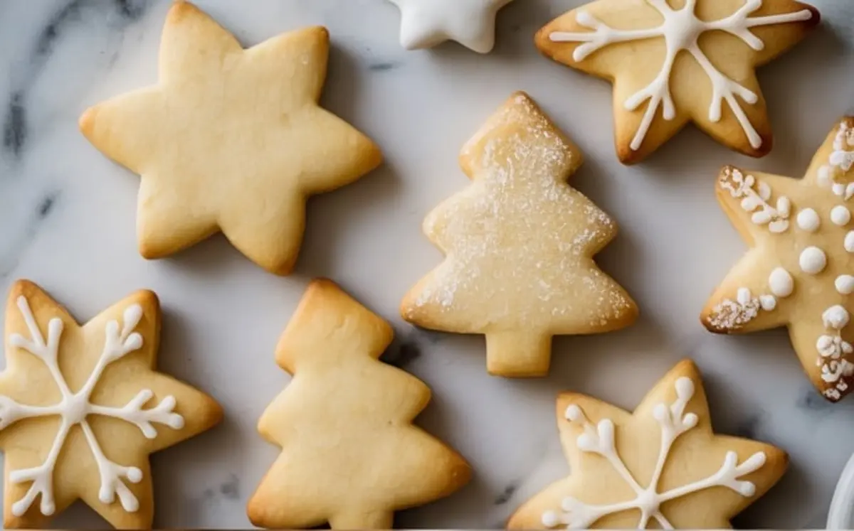 Christmas butter cookies in star, tree, and snowflake shapes arranged on a marble surface. Some cookies have white royal icing decorations while others are plain or dusted with sugar.
