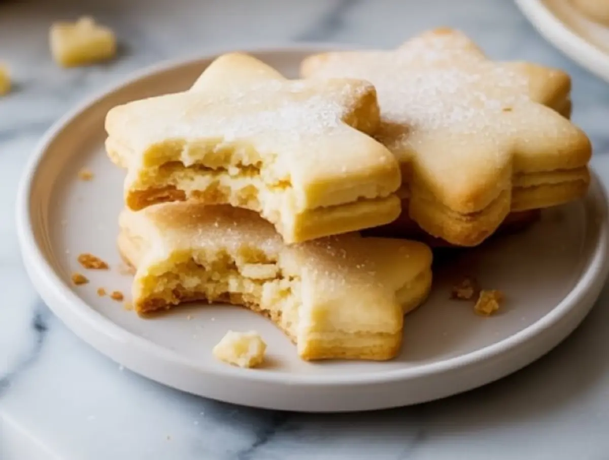 Stack of star-shaped butter cookies with a bite taken out of one, placed on a beige ceramic plate. The cookies are thick and layered with a soft, golden texture.
