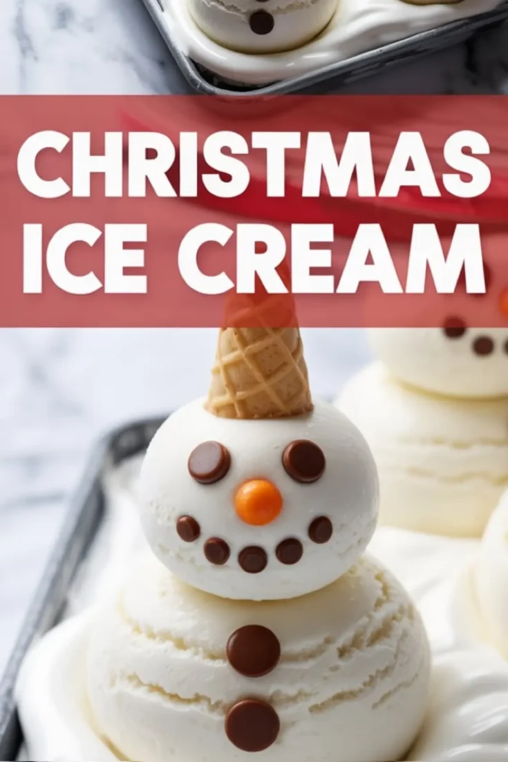 Vanilla ice cream scoops stacked to resemble a snowman, decorated with chocolate candies and orange nose, topped with a waffle cone hat, labeled “Christmas Ice Cream.”