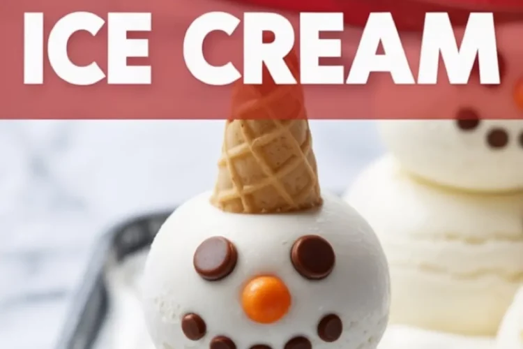 Vanilla ice cream scoops stacked to resemble a snowman, decorated with chocolate candies and orange nose, topped with a waffle cone hat, labeled “Christmas Ice Cream.”