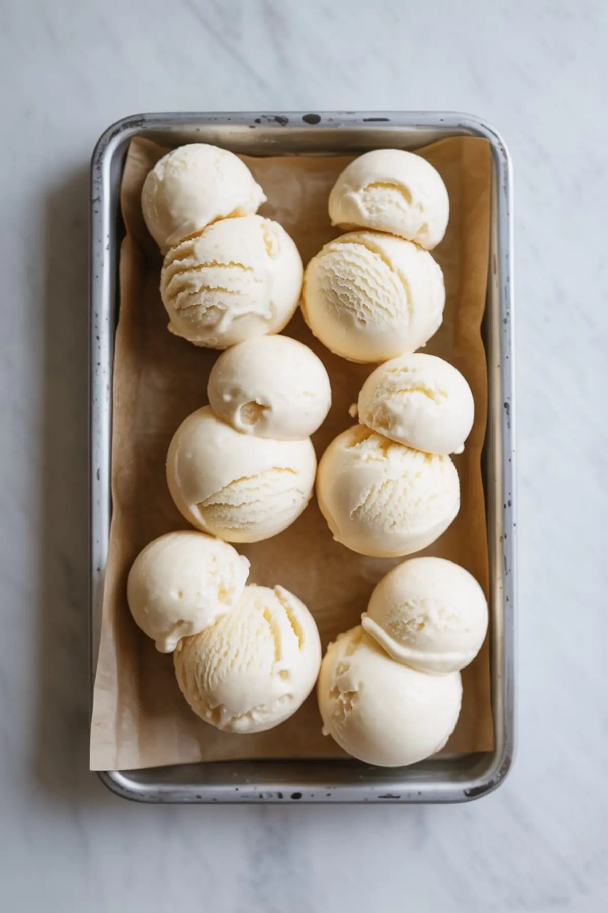Tray of plain vanilla ice cream scoops arranged on brown parchment paper, prepared for snowman-themed holiday dessert assembly.
