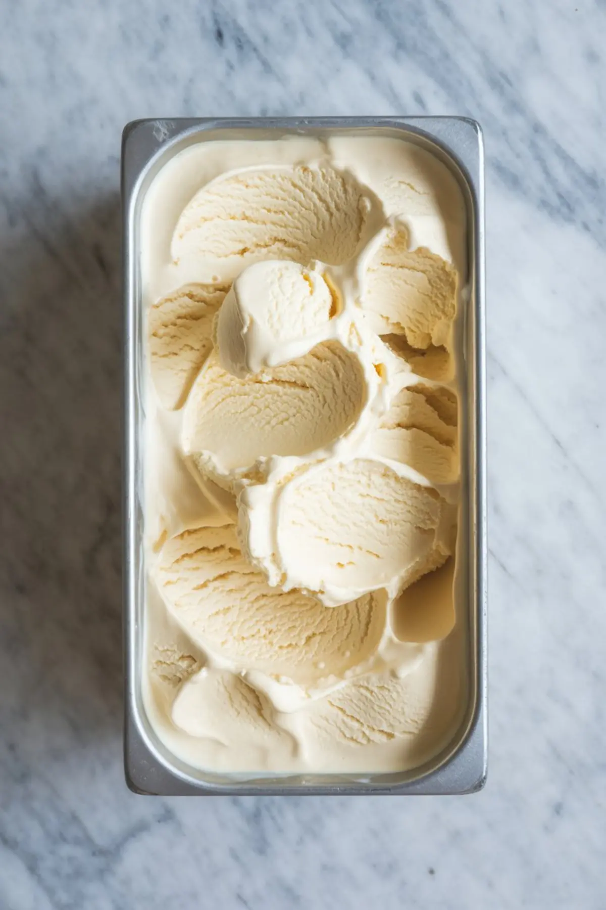 Top view of vanilla ice cream container with multiple scoops layered inside, showing creamy texture and even ripples, set on a marble surface.
