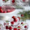 Christmas ice cubes infused with whole cranberries and rosemary sprigs, arranged on a marble surface. The top shows a soft-focused bowl and scattered ice cubes, while the bottom highlights stacked ice cubes with festive red and green contrast for winter drinks.
