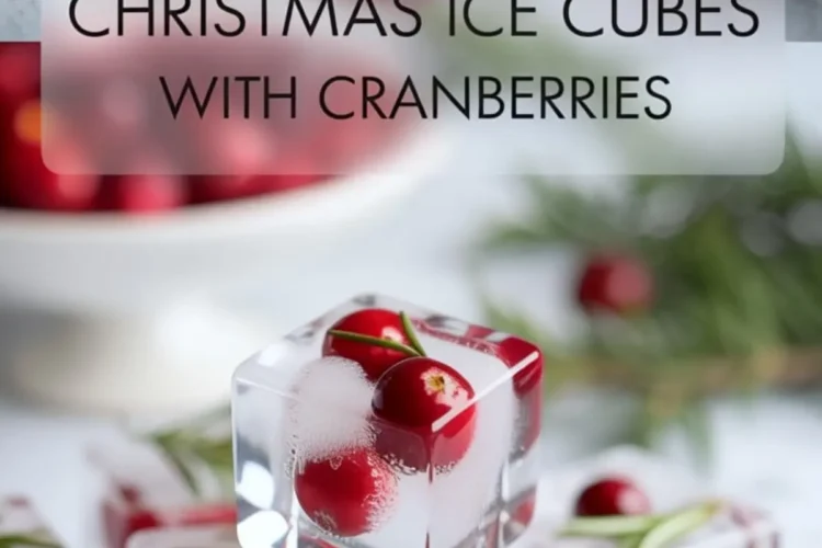 Christmas ice cubes infused with whole cranberries and rosemary sprigs, arranged on a marble surface. The top shows a soft-focused bowl and scattered ice cubes, while the bottom highlights stacked ice cubes with festive red and green contrast for winter drinks.