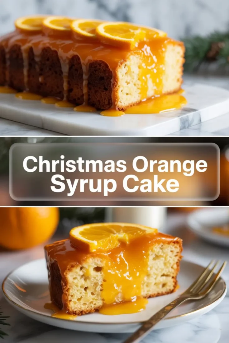 A collage showing a moist Christmas orange syrup cake with glossy orange glaze and fresh orange slices on top, paired with a close-up slice on a plate with dripping citrus syrup and holiday greenery in the background.