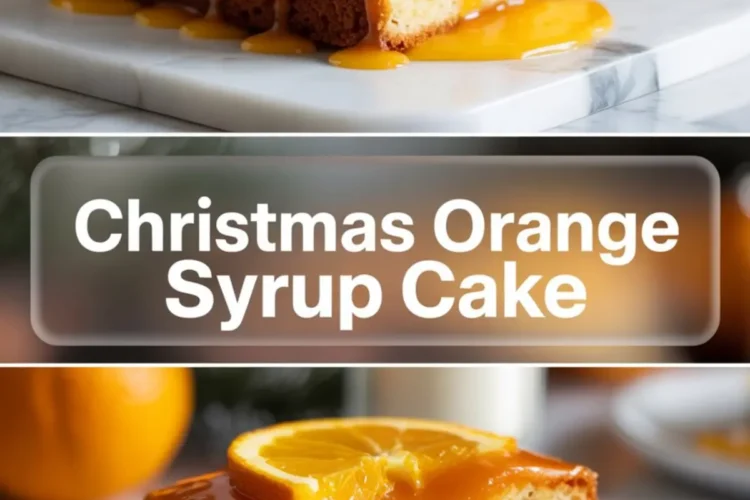 A collage showing a moist Christmas orange syrup cake with glossy orange glaze and fresh orange slices on top, paired with a close-up slice on a plate with dripping citrus syrup and holiday greenery in the background.
