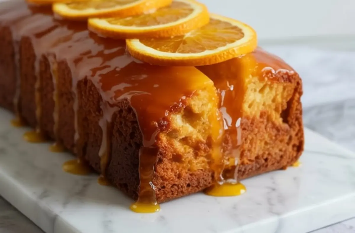 A loaf of orange syrup cake on a marble board with golden citrus glaze running down the sides and thin orange slices arranged along the top.
