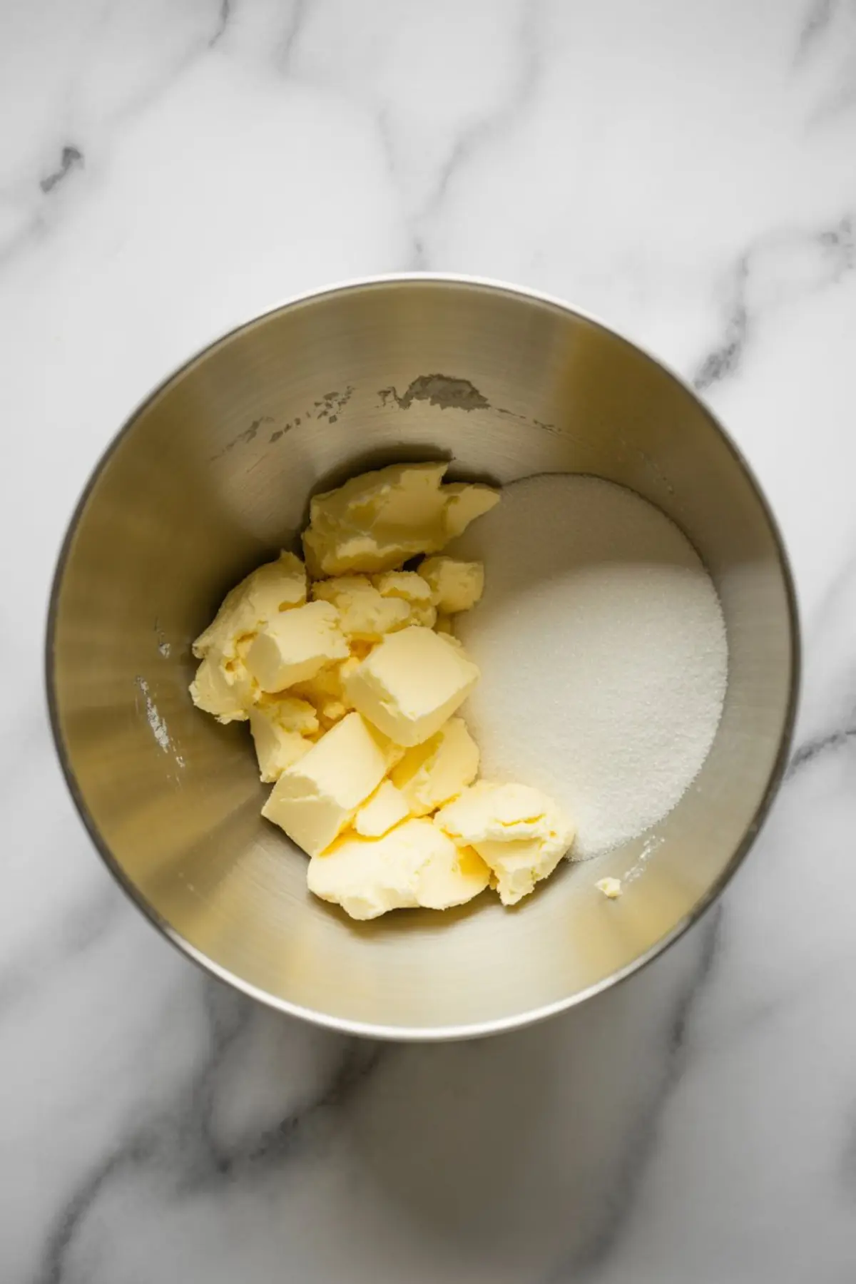 A metal mixing bowl filled with cubed butter and granulated sugar on a white marble surface for preparing cake batter.
