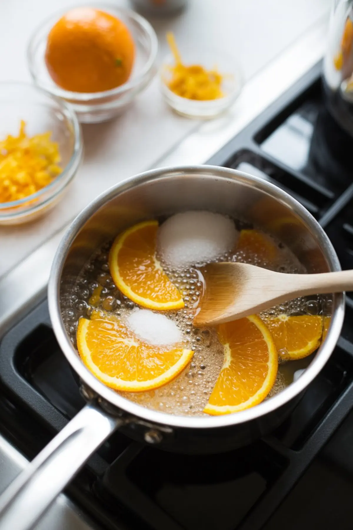 A saucepan on a stovetop with orange slices, sugar, and bubbling liquid being stirred into a citrus syrup using a wooden spoon.
