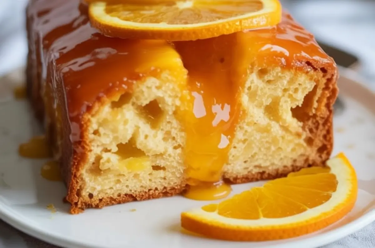 A close-up slice of orange syrup cake on a white plate with thick glossy citrus syrup cascading down the center and a fresh orange slice garnish.
