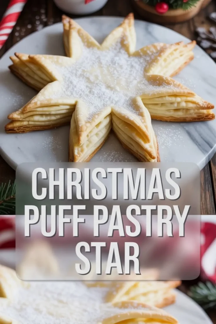 Christmas puff pastry star dessert displayed on a marble plate with powdered sugar dusting. The golden, flaky layers are shaped into a star, with a holiday-themed overlay text that reads “CHRISTMAS PUFF PASTRY STAR” for seasonal baking inspiration.