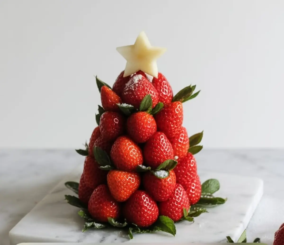 A festive strawberry Christmas tree centerpiece features fresh strawberries stacked in a cone shape with green leaves showing, dusted with powdered sugar and topped with a pineapple star, placed on a white marble base.
