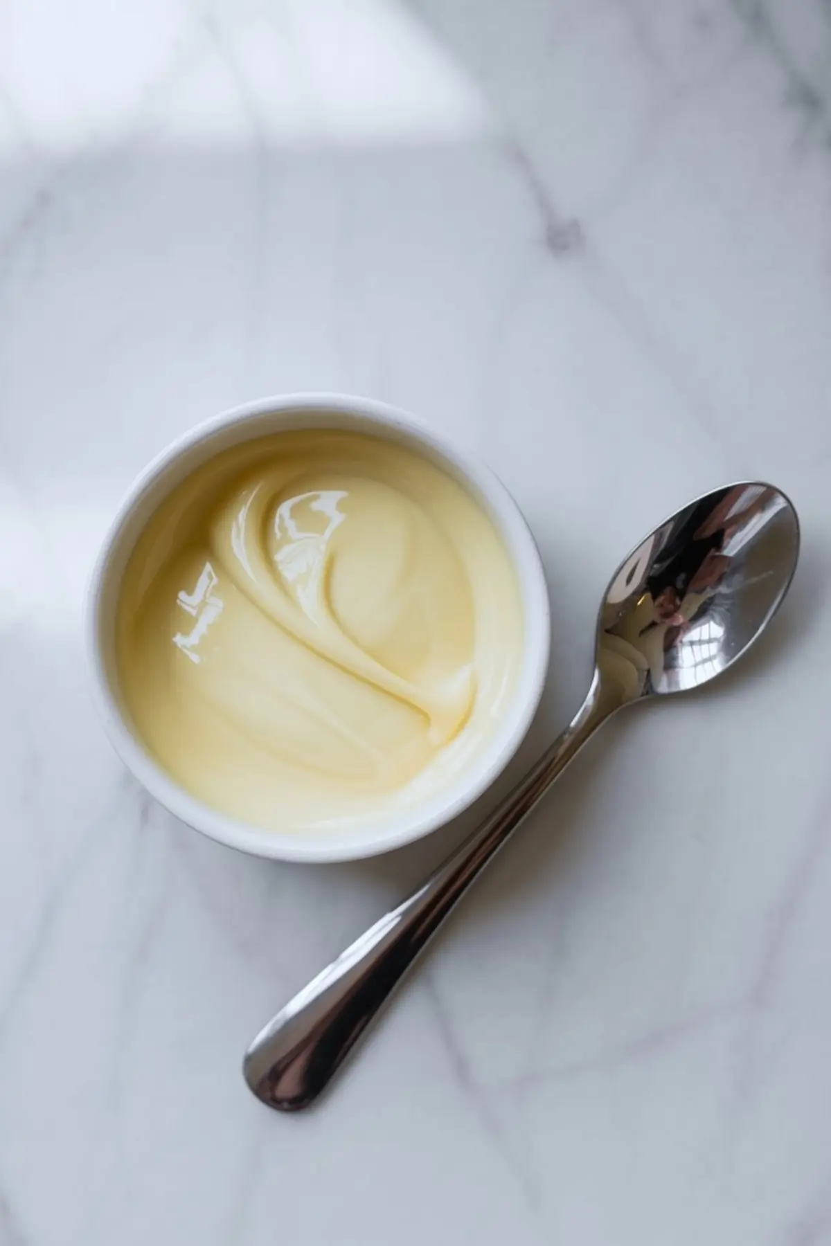 A white ramekin filled with creamy vanilla custard sits on a marble surface beside a stainless steel spoon, showcasing smooth texture and soft yellow color for dessert or baking inspiration.

