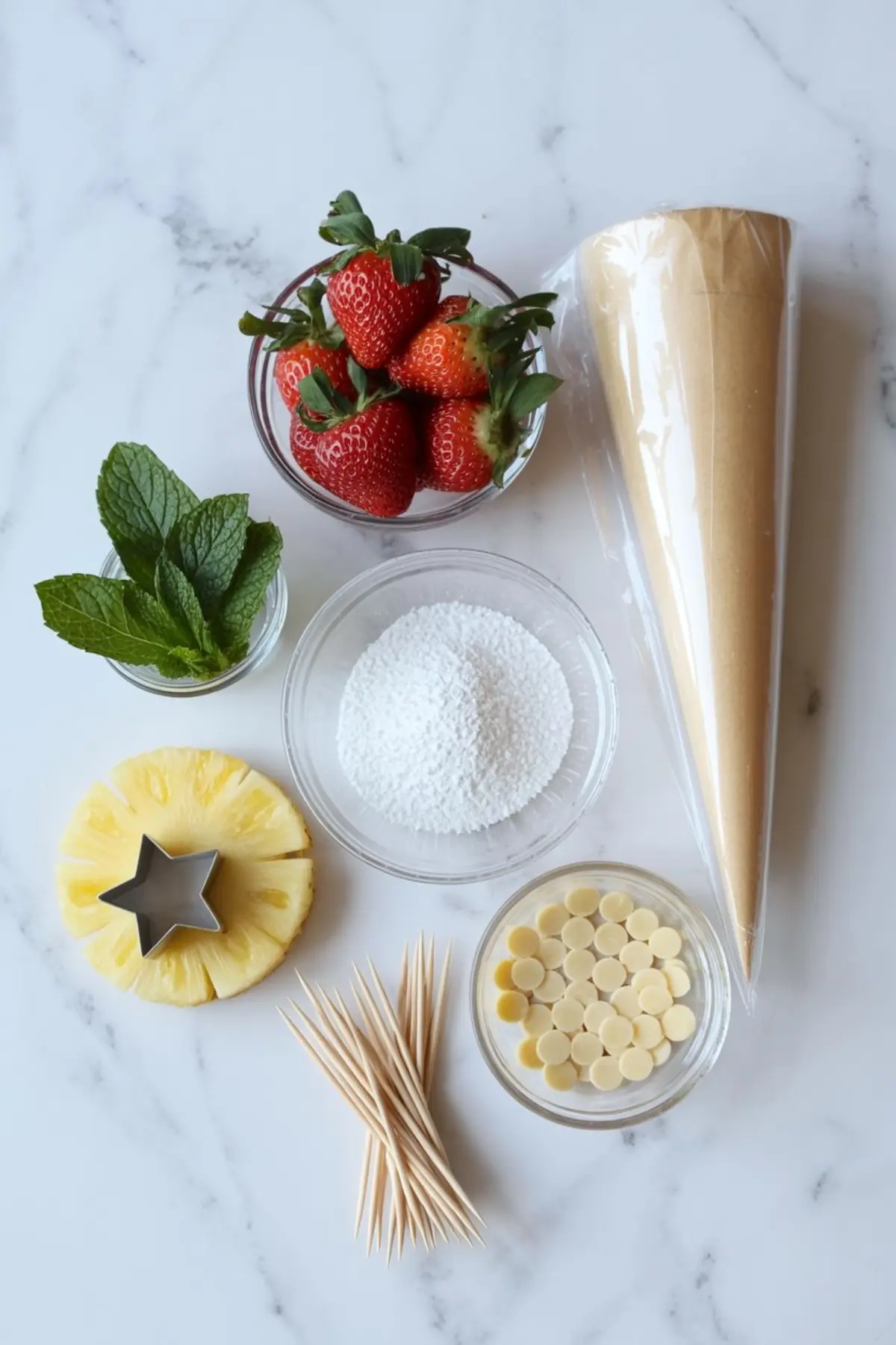 Flat lay of DIY strawberry Christmas tree ingredients including fresh strawberries, mint leaves, powdered sugar, pineapple slices with a star-shaped cutter, white chocolate chips, toothpicks, and a paper cone wrapped in plastic.
