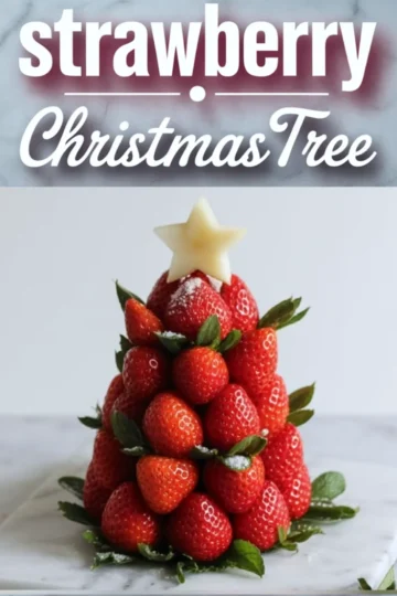 Pinterest pin image featuring a strawberry Christmas tree topped with a pineapple star and dusted with powdered sugar, paired with bold typography that reads “Strawberry Christmas Tree” over a marble background.