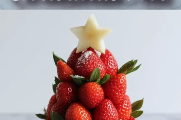 Pinterest pin image featuring a strawberry Christmas tree topped with a pineapple star and dusted with powdered sugar, paired with bold typography that reads “Strawberry Christmas Tree” over a marble background.