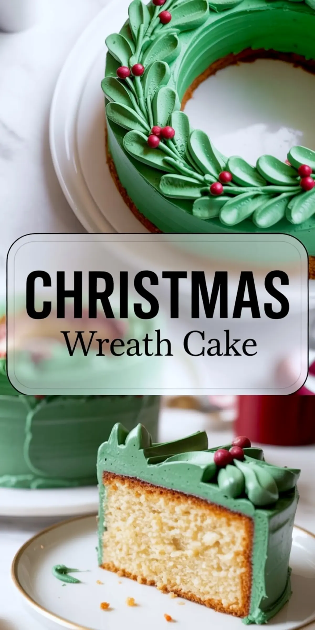 A tall collage shows a green Christmas wreath cake with piped frosting leaves and red candy berries at the top, with a slice of the vanilla cake with green frosting shown at the bottom along with a centered “Christmas Wreath Cake” title.

