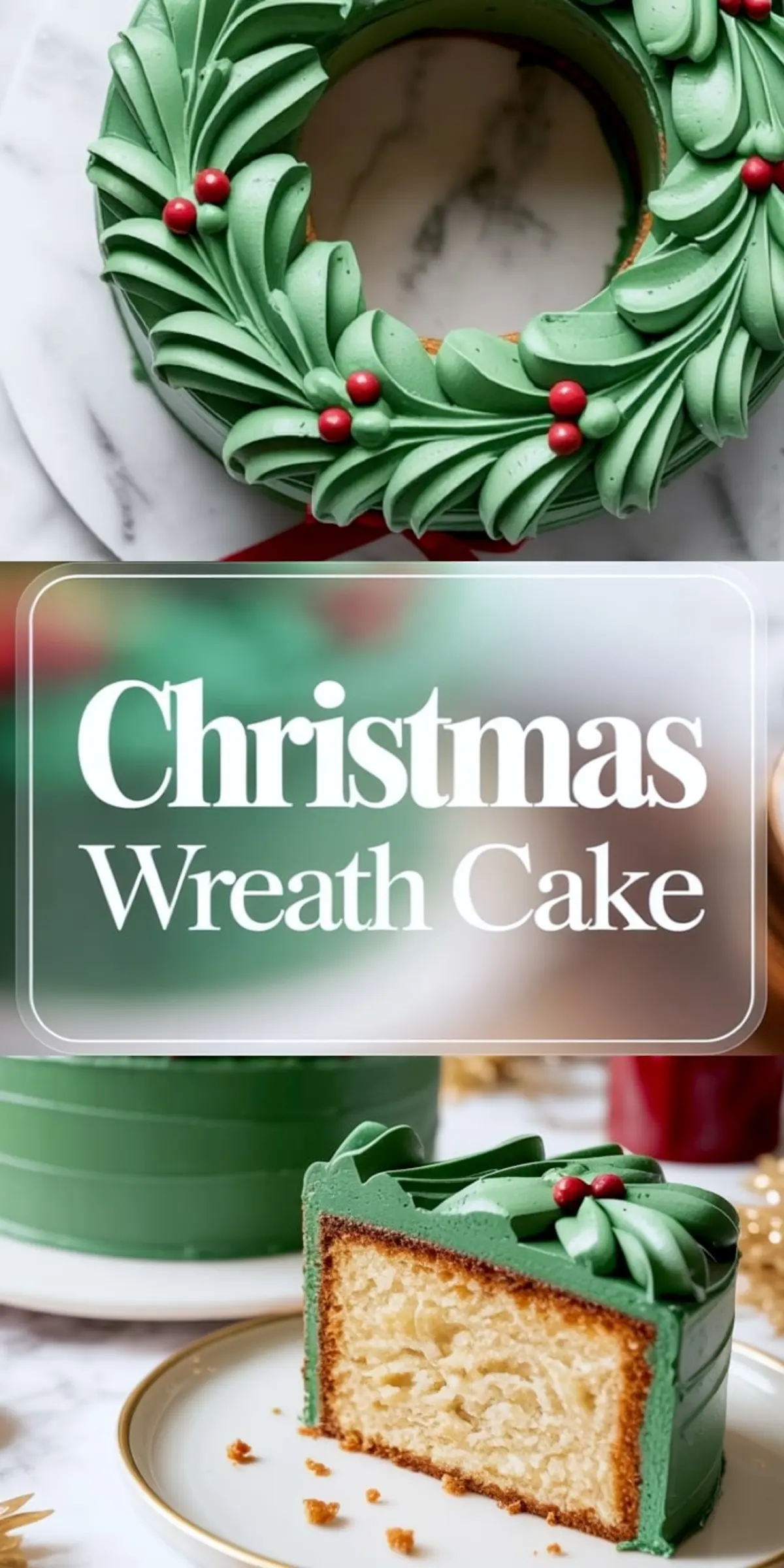 A tall collage shows a top view of a green Christmas wreath cake with piped leaf details and red berries, followed by a title panel that reads “Christmas Wreath Cake,” and a bottom image of a sliced vanilla cake covered in green frosting.
