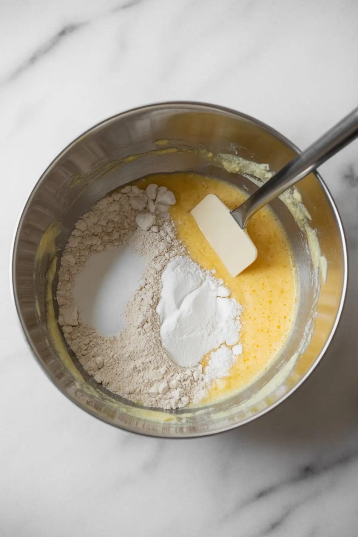 Unmixed dry ingredients including flour, baking powder, and sugar resting over a wet batter base in a metal bowl with a white spatula.