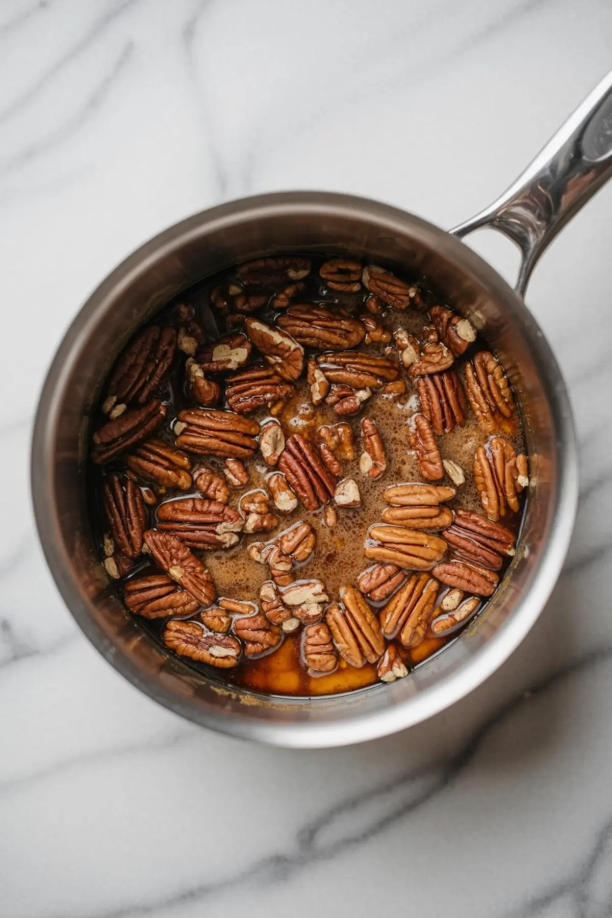 Whole pecans simmering in a saucepan with bubbling maple syrup and spices, creating a rich and fragrant filling base.