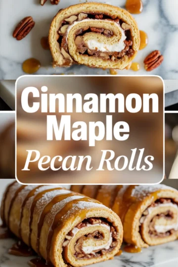 Pinterest collage showcasing cinnamon maple pecan rolls; top view of sliced rolls filled with nuts and cream, dripping with caramel glaze, surrounded by pecans, with bold text overlay highlighting the recipe name.