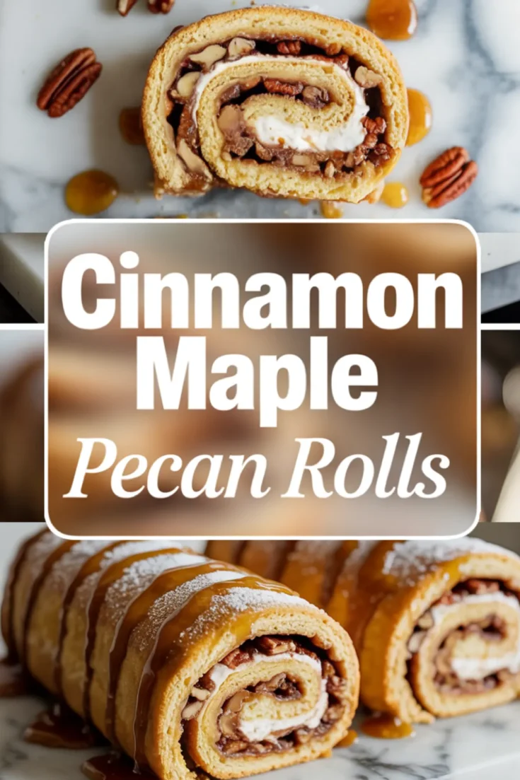 Pinterest collage showcasing cinnamon maple pecan rolls; top view of sliced rolls filled with nuts and cream, dripping with caramel glaze, surrounded by pecans, with bold text overlay highlighting the recipe name.