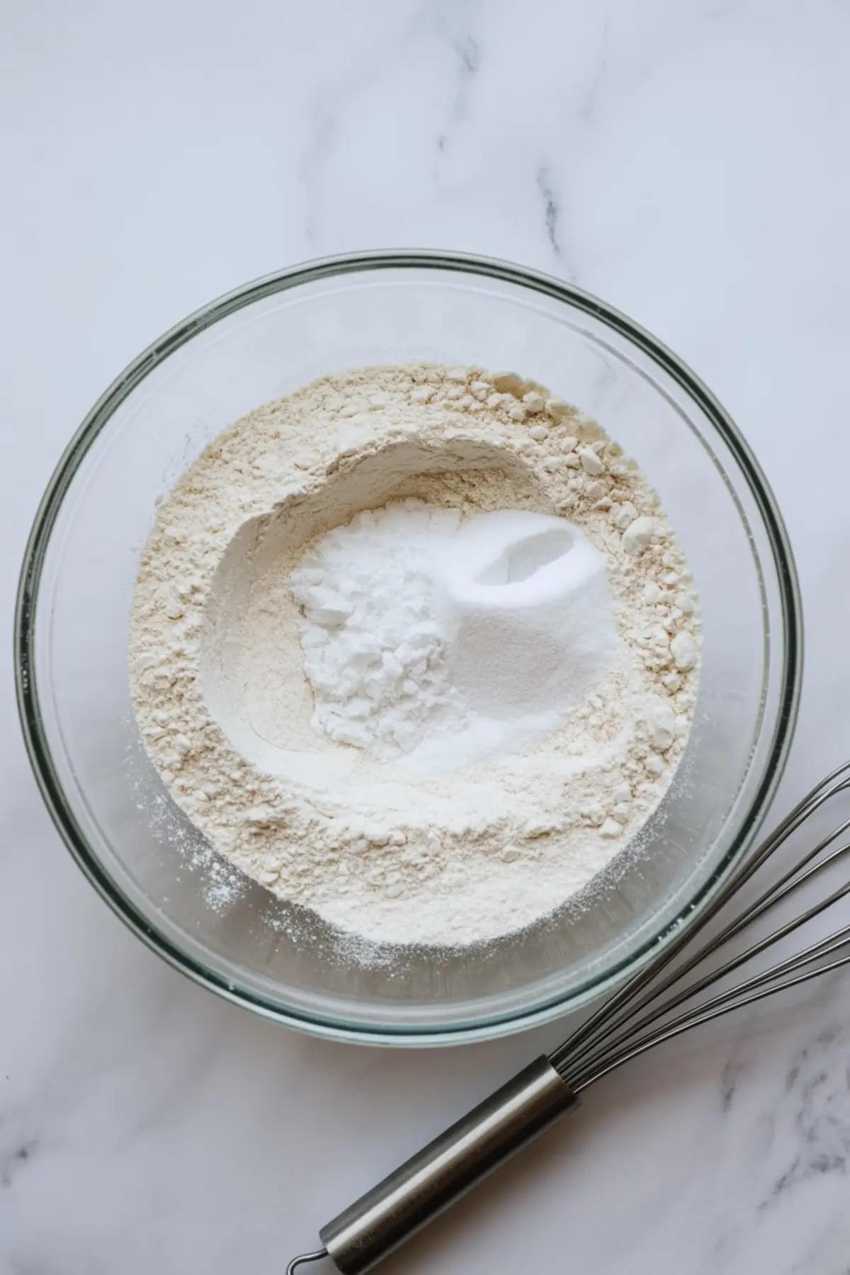 A clear bowl holds a blend of dry baking ingredients including flour, baking powder, and sugar. A stainless steel whisk lies next to the bowl on a white surface.