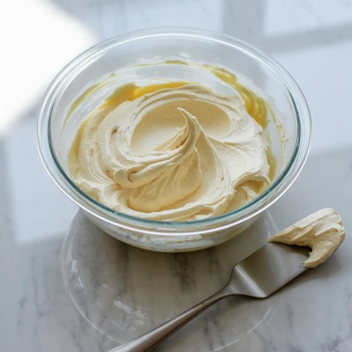 A glass bowl filled with fluffy vanilla buttercream frosting sits on a marble countertop. A small spatula with a dollop of frosting rests beside it.