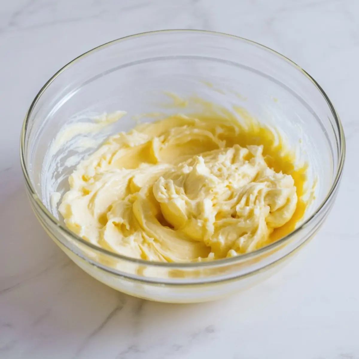 Creamy yellow cake batter is shown in a glass bowl, mixed to a thick and smooth texture on a white marble background.