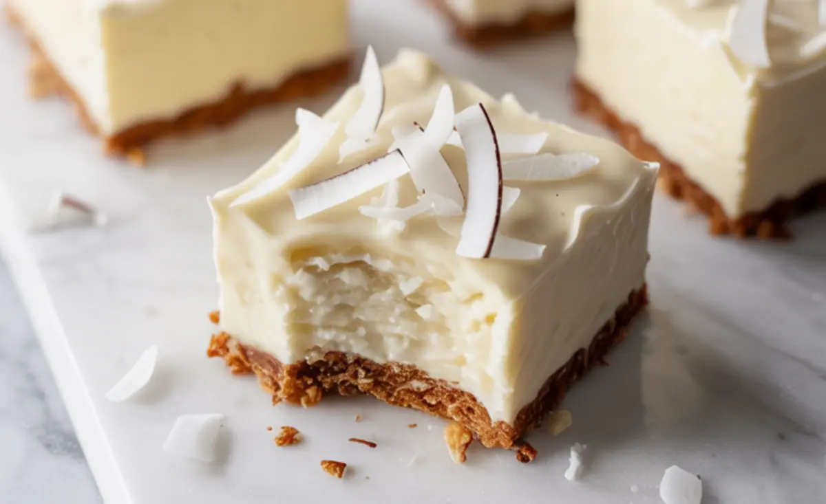 Close-up of a bitten coconut rum snow square on marble, showing creamy coconut custard filling and crispy graham-coconut crust, garnished with coconut flakes.
