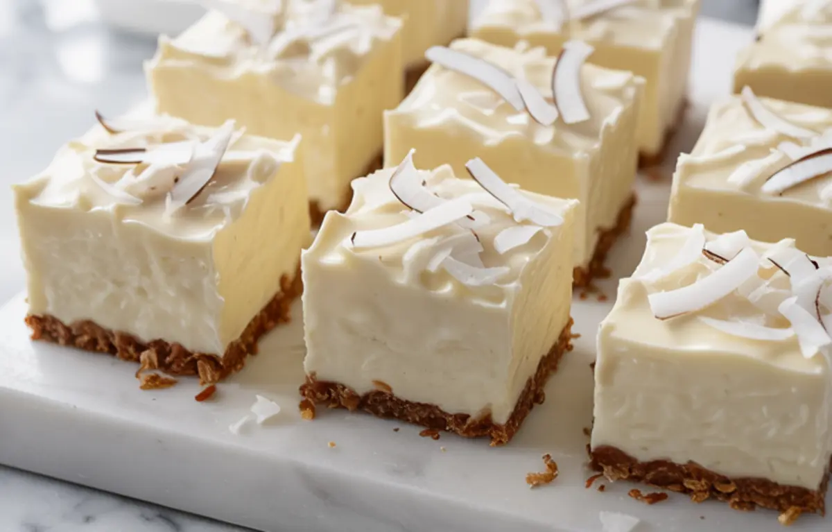 Neatly arranged coconut rum snow squares on a marble slab, topped with coconut flakes over a golden-brown crumb crust.
