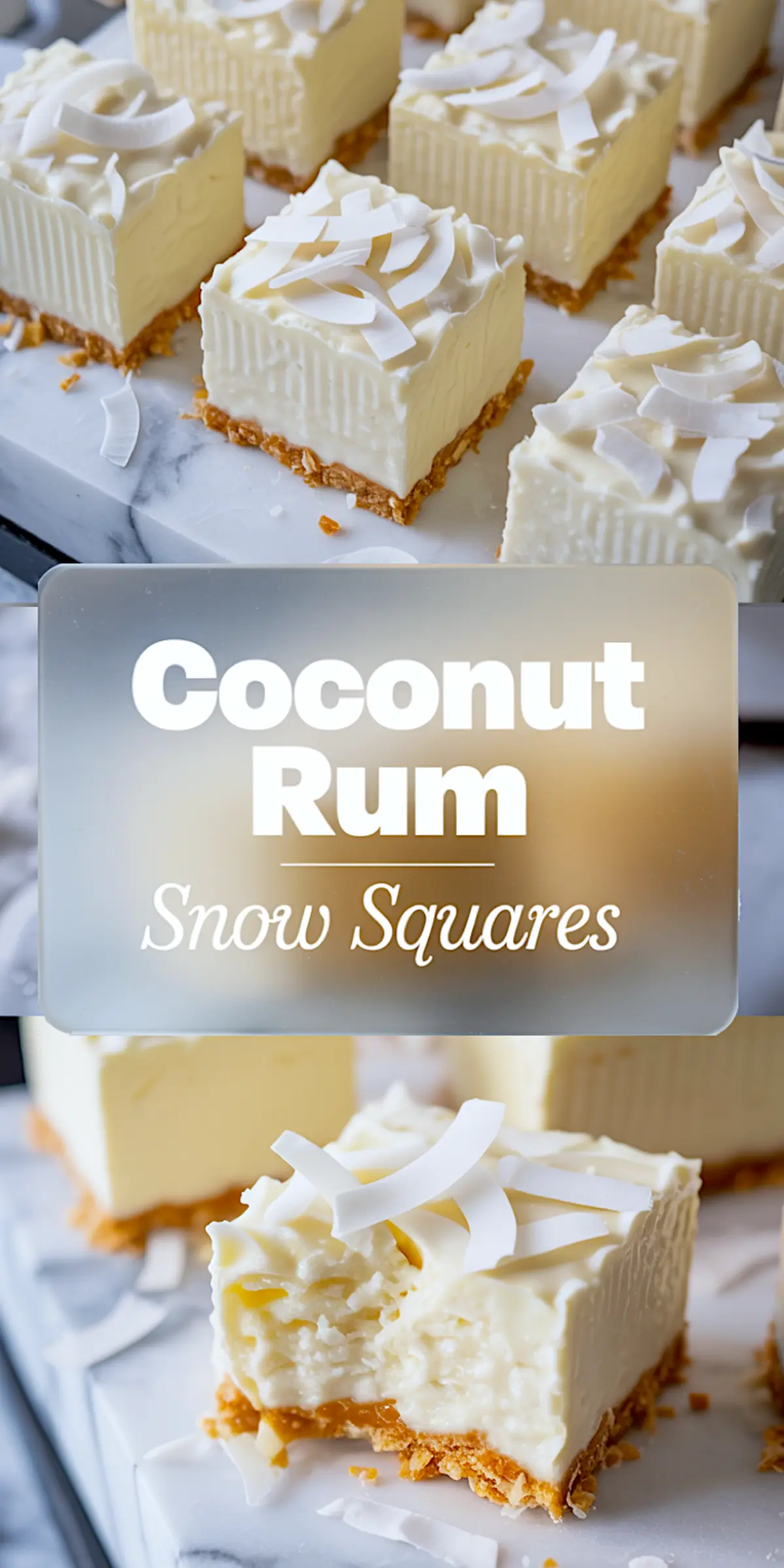 Vertical collage of coconut rum snow bars on a white surface with a close-up of a bitten square; glossy custard filling and crisp golden base with coconut curls.
